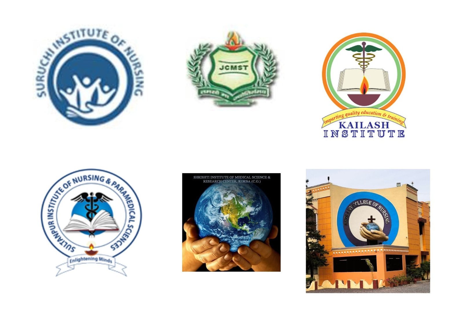 Suruchi Institute of Nursing, JCMST, Kailash Institute, Sultanpur Institute of Nursing & Paramedical Sciences, Shrishti Institute of Medical Science & Research Center, and Bethany College of Nursing