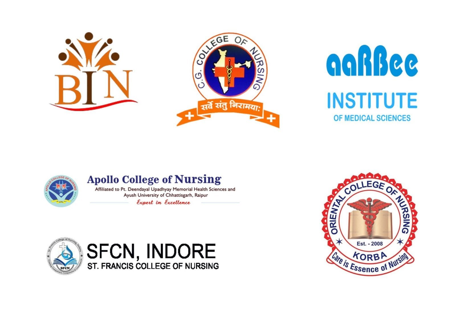 BIN, C.G. College of Nursing, aaRBee Institute of Medical Sciences, Apollo College of Nursing, SFCN Indore (St. Francis College of Nursing), and Oriental College of Nursing Korba