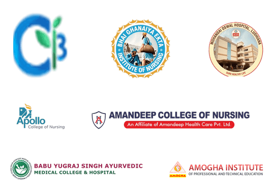 CB, Bhai Ghanaiya Ji Institute of Nursing, Nirankari Oswal Hospital, Apollo College of Nursing, Amandeep College of Nursing, Babu Yugraj Singh Ayurvedic Medical College & Hospital, and Amogha Institute