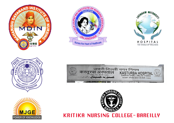 Maharishi Dayanand Institute of Nursing (MDIN), Kalaijayanti Institute of Nursing Education Jalandhar, Lucknow Metrocity Hospital, Kalsi Group of Institutions, Kasturba Hospital, MJGE, and Kritika Nursing College Bareilly